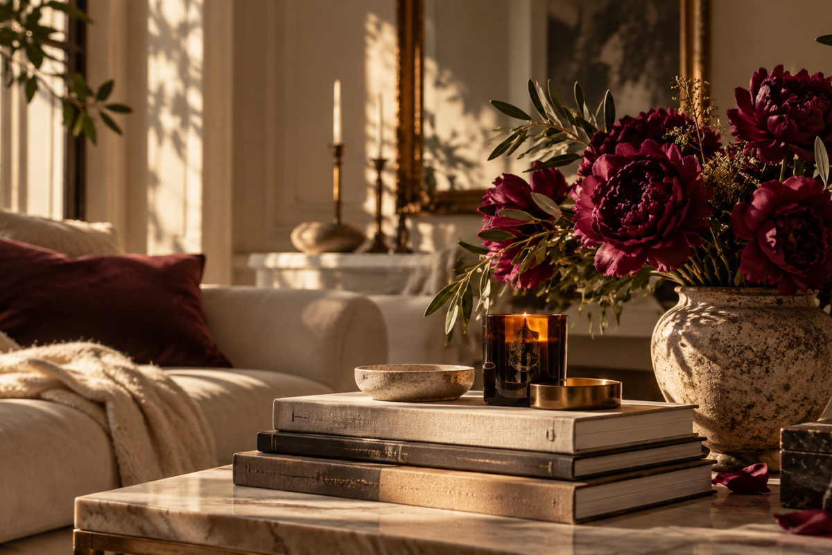 Elegant neutral living room with burgundy flowers, books and candle in warm afternoon light