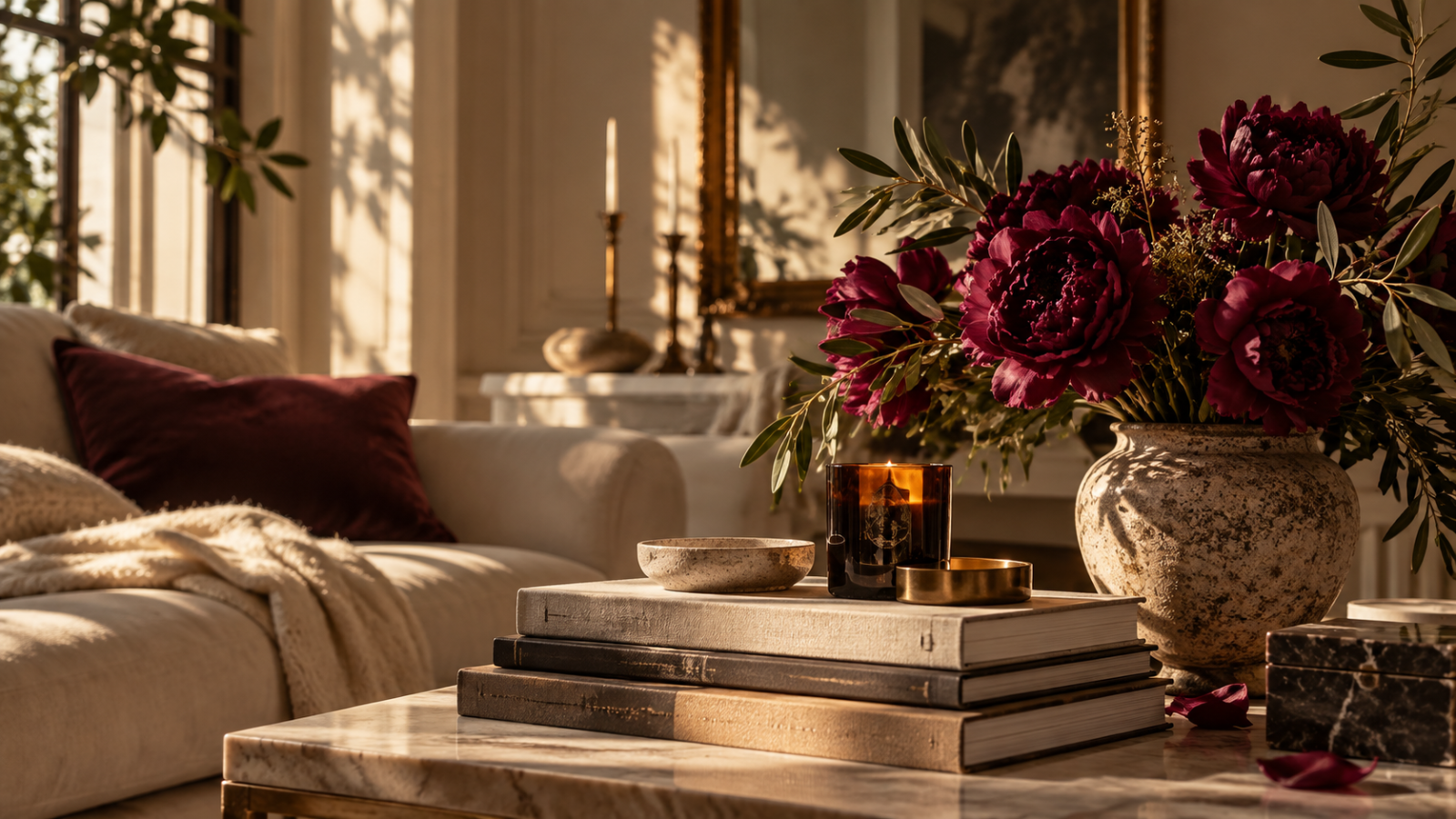 Elegant neutral living room with burgundy flowers, books and candle in warm afternoon light