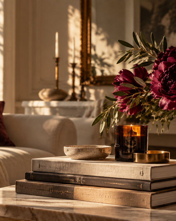 Elegant neutral living room with burgundy flowers, books and candle in warm afternoon light