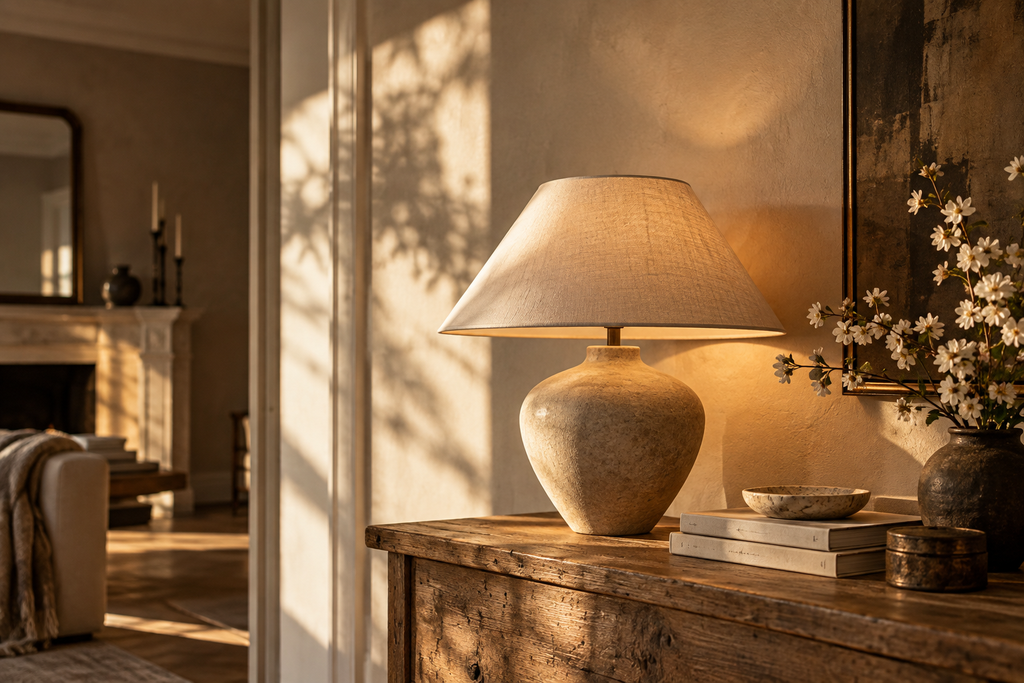 Sculptural ceramic table lamp in a warm, neutral interior