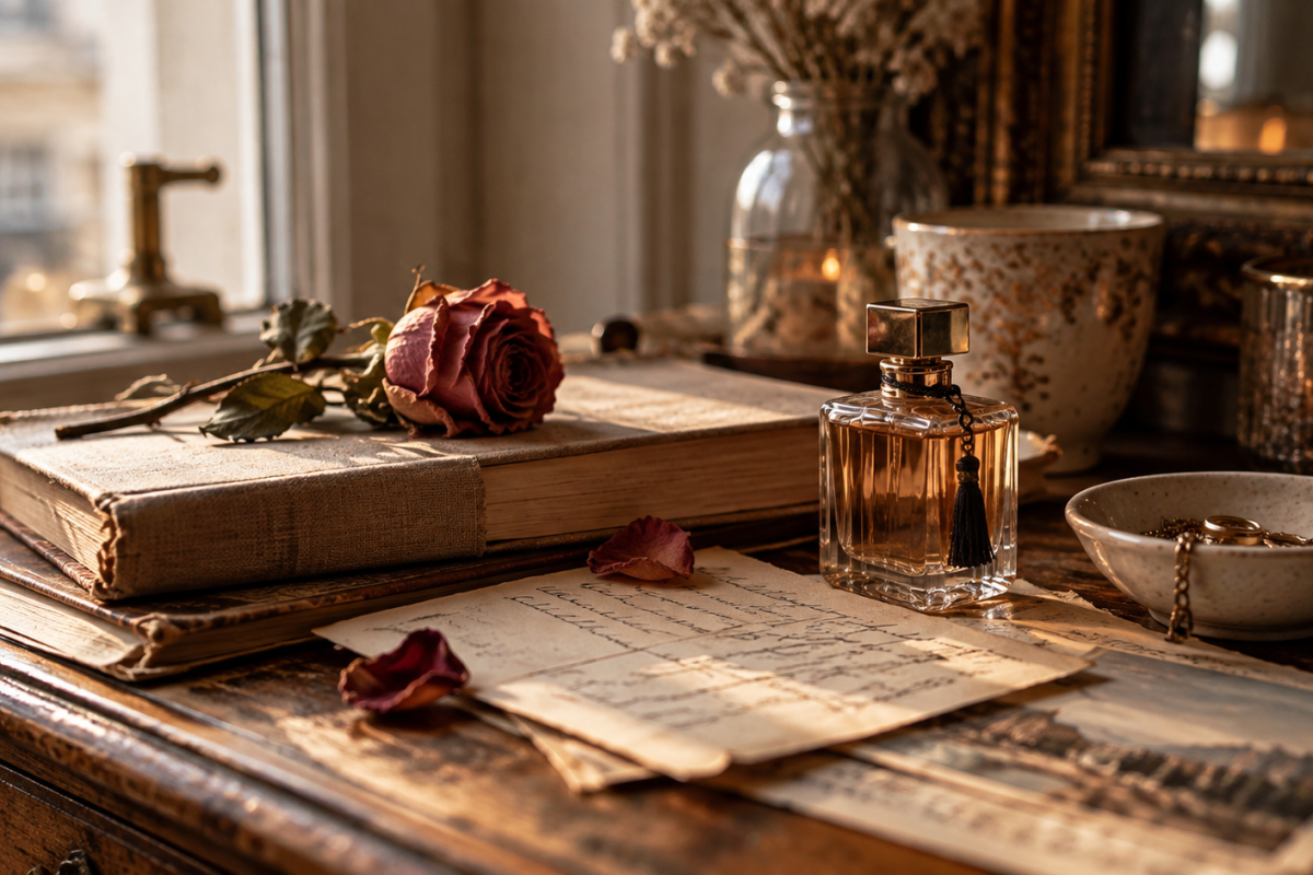 Vintage books, handwritten letters, a perfume bottle and a dried rose arranged on an old wooden table.