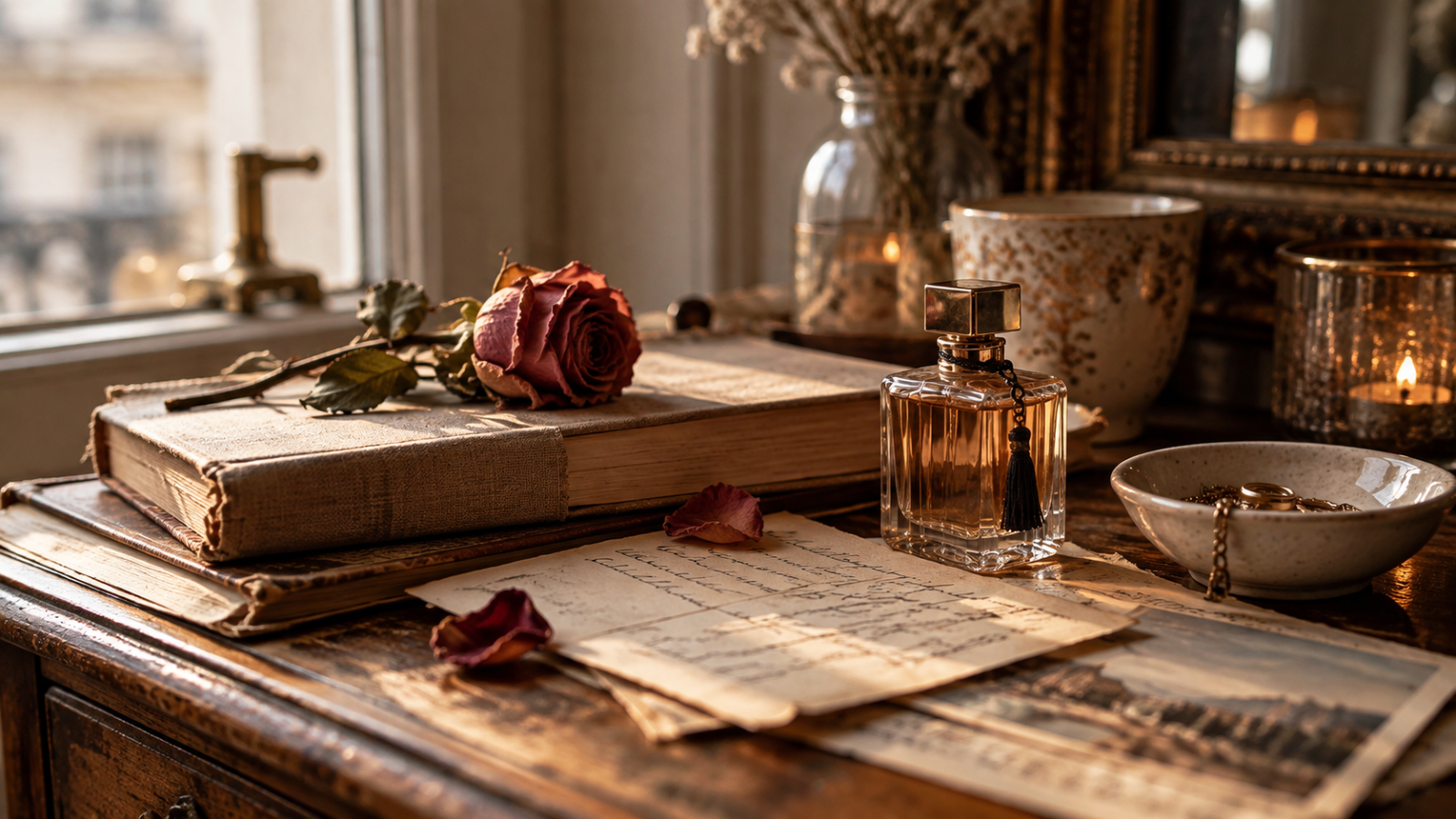 Vintage books, handwritten letters, a perfume bottle and a dried rose arranged on an old wooden table.