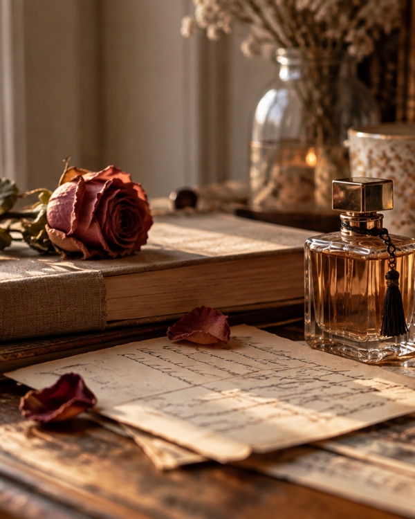 Vintage books, handwritten letters, a perfume bottle and a dried rose arranged on an old wooden table.