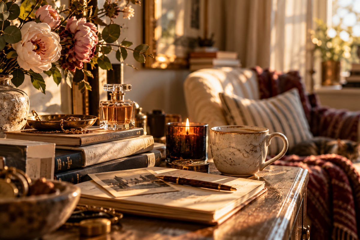A warm, sunlit interior with books, perfume, flowers, a candle and personal keepsakes arranged on a wooden table.