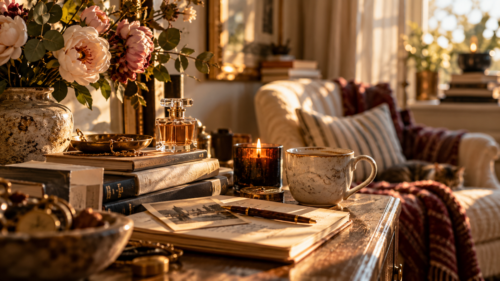 A warm, sunlit interior with books, perfume, flowers, a candle and personal keepsakes arranged on a wooden table.