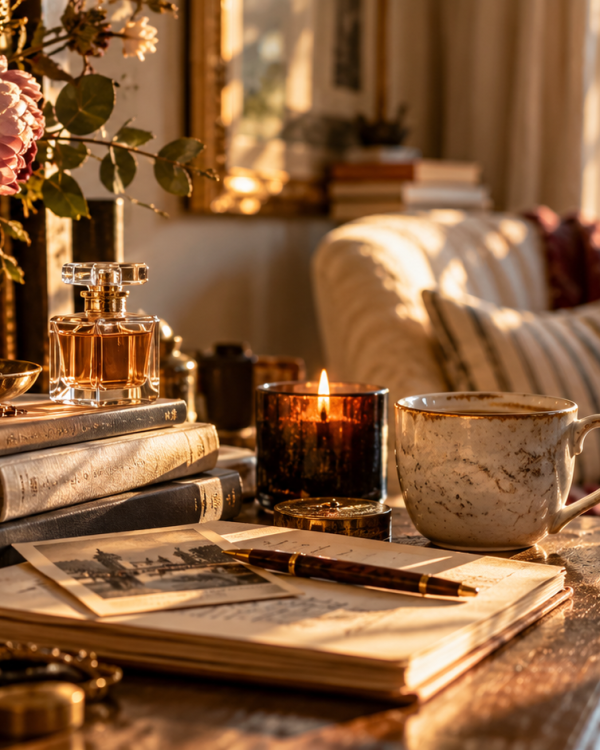 A warm, sunlit interior with books, perfume, flowers, a candle and personal keepsakes arranged on a wooden table.