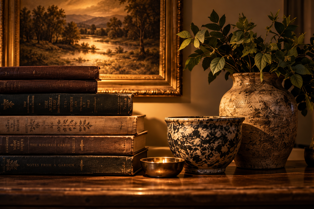 Antique books, textured ceramic vessels and leafy branches illuminated by soft golden evening light
