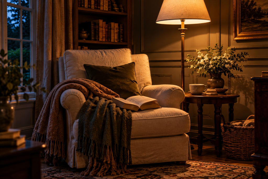 Cosy evening reading corner with a cream armchair, open book, soft woollen throw and warm floor lamp