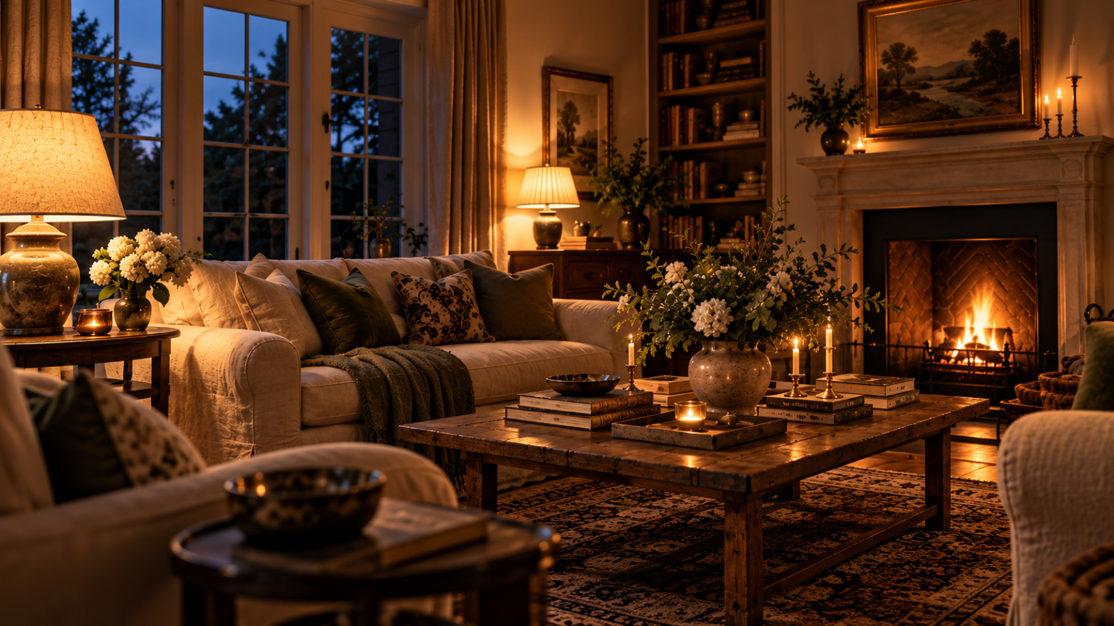 Elegant living room at dusk with warm table lamps, natural textures and soft pools of evening light