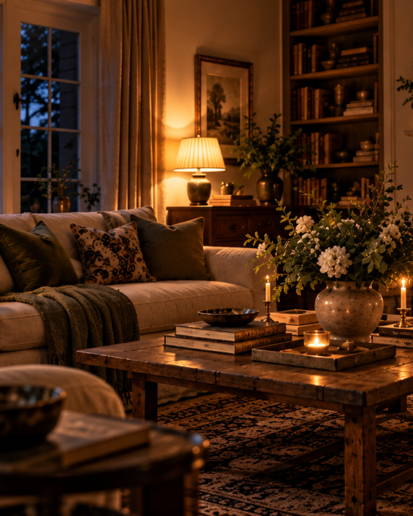 Elegant living room at dusk with warm table lamps, natural textures and soft pools of evening light