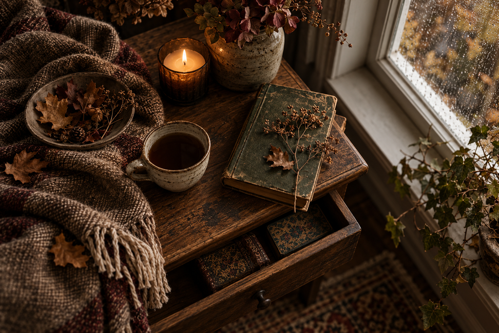 Autumn still life with a cup of tea, vintage books, dried leaves and a candle beside a rain-streaked window.