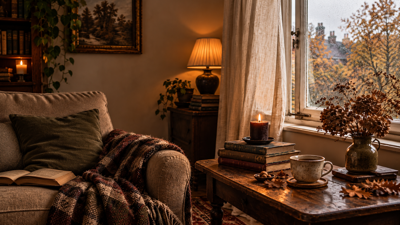 Autumn home fragrance atmosphere in a cosy living room with candlelight, vintage books, warm lamplight and a rain-streaked window.