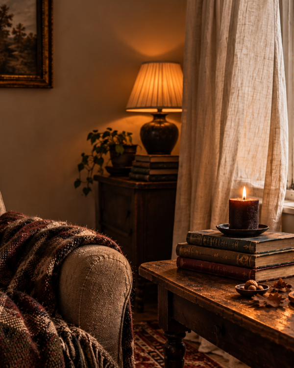 Autumn home fragrance atmosphere in a cosy living room with candlelight, vintage books, warm lamplight and a rain-streaked window.