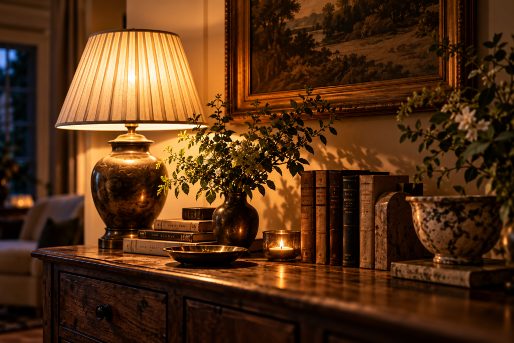 Warm ambient lighting from a table lamp with a pleated shade, illuminating antique books and ceramics on a dark wooden sideboard.