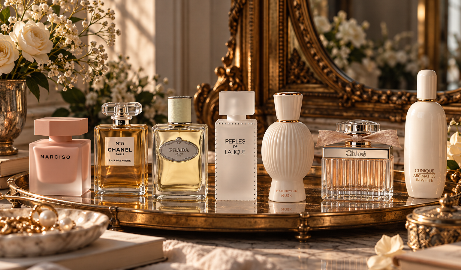 Seven elegant perfume bottles arranged on a vintage vanity with warm lighting and refined decorative details, illustrating an editorial about understated, sophisticated fragrances.