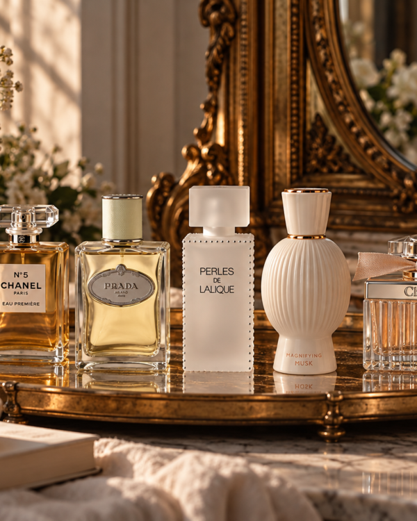 Seven elegant perfume bottles arranged on a vintage vanity with warm lighting and refined decorative details, illustrating an editorial about understated, sophisticated fragrances.