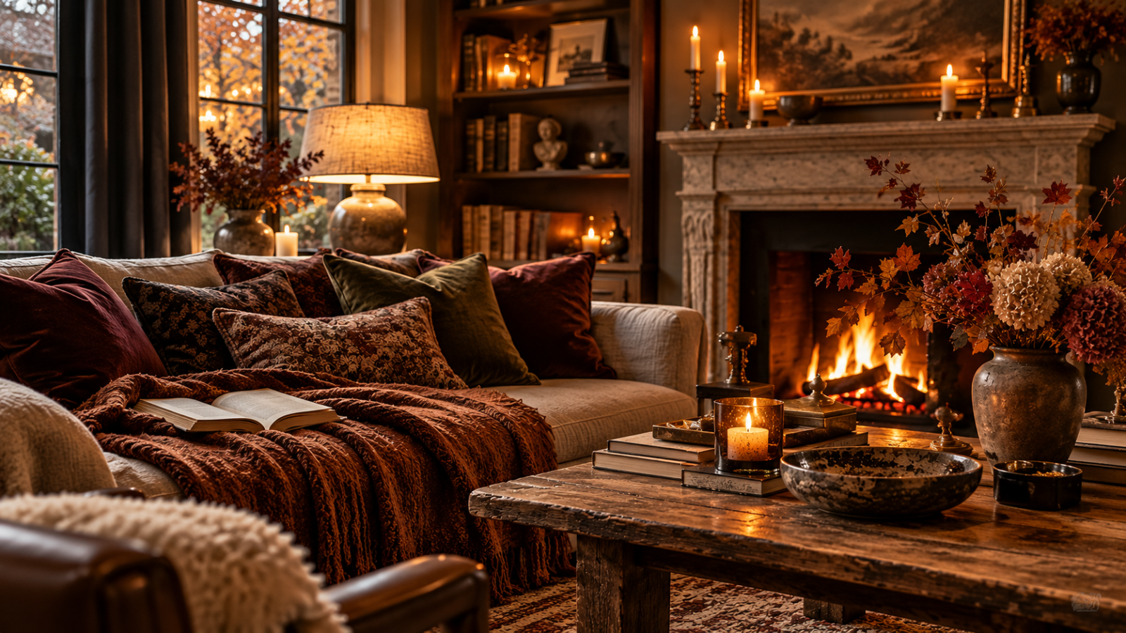 Elegant autumn living room with warm lamplight, a stone fireplace, layered textiles, books and rich seasonal colours.