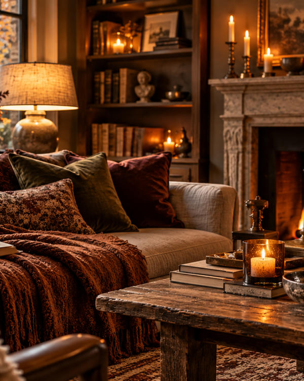 Elegant autumn living room with warm lamplight, a stone fireplace, layered textiles, books and rich seasonal colours.